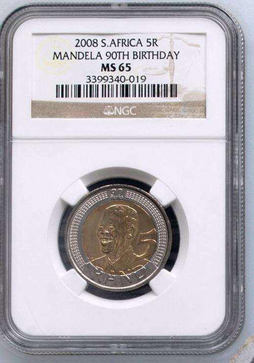 **** MS65 **** Nelson Mandela 90th Birthday R5 Coin - NGC Graded MS65 - R1 Start.